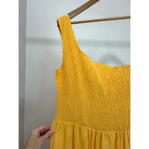 Nine West One‑Shoulder Yellow Smocked Maxi Dress SzL thumbnail 5