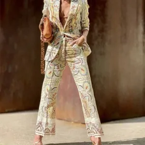 Zara beautiful print flare leg pants Linen Blend Small thumbnail 2