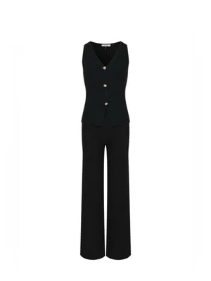 Black 2 Piece Set Sleeveless Button Top Wide Leg Pants Matching Outfit L thumbnail 2