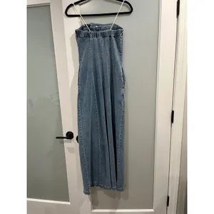 Denim Jumpsuit Women's Small‎ Blue Strapless Wide Leg Pockets thumbnail 2