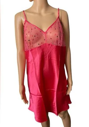 Pink Plus Size Sheer Mesh Sequin Embroidered Cutesy Floral Satin Mini Slip Dress thumbnail 1