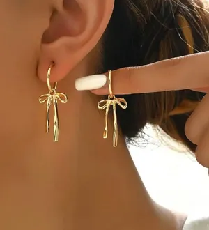 Coquette bow dangle drop earrings coquette bow jewelry trendy bow earrings gold, stocking stuffer thumbnail 1