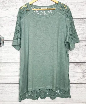 UMGEE Seafoam Green Lace Sleeve Sheer Lace Back High Low Tunic Top Size XL thumbnail 1
