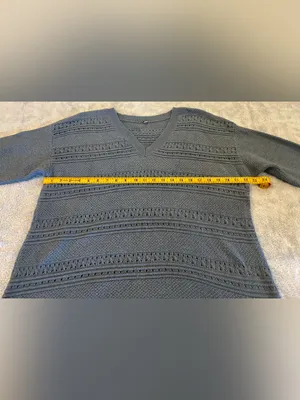 V-Neck Openwork 3/4 inch Sleeve Knit Sweater - Dusty Blue size X-LARGE thumbnail 4