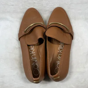 Calvin Klein Orianna Brown Leather Loafers Gold Logo Bar Flats Womens 11 34E2408 thumbnail 7