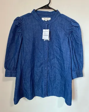 New Madewell Denim Puff Sleeve Band Collar Shirt Coastal Blue Size 8 thumbnail 1