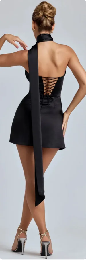 Oh Polly Anastasia Draped Halterneck Satin Mini Dress in Black size 4 New thumbnail 1