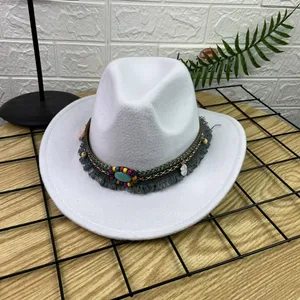 White Western Cowboy, Cowgirl Hat, Bead Tassle Strap, Men Women Retro Wide Brim‎ thumbnail 2