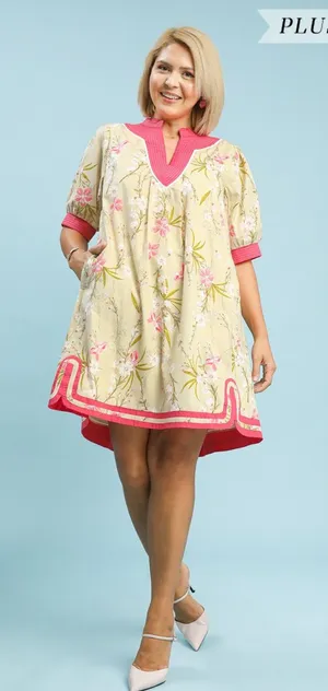 New!Umgee Plus Size Cotton Lined Butter Floral Puff Sleeve Dress Pink Size 2X thumbnail 1