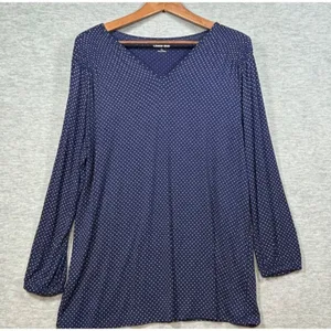 Lands End Womens Top L Polka Dot Long Sleeve Blouse‎ Navy Blue thumbnail 1