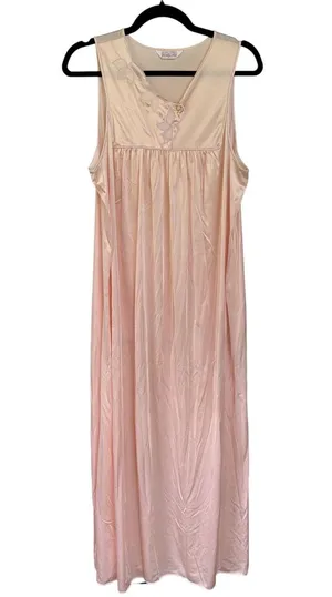 Vintage Peach Silky Slip Dress Vanity Fair Sleeveless Dainty Floral Flowy Medium thumbnail 1