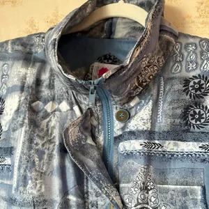 Vintage 80s blue and white abstract boho print Keren Hart 100% silk jacket thumbnail 5