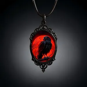 Gothic‎ Crow Red Moon Cameo Style Black Necklace Pendent thumbnail 2