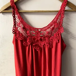 Red Crochet Neckline Top Size M EUC Size M thumbnail 4