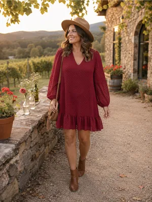 Arula Burgundy Swiss Dot Mini Dress Women L Wine V-Neck Balloon Sleeve Ruffle thumbnail 2