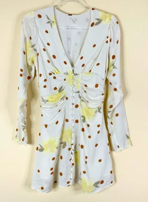 Free People Cream Date Night Mini Dress Dotted Ruched Button Front Womens XS thumbnail 1