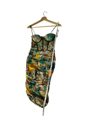 Mesh Corset Mini Dress M Baroque Cherub Art Print Ruched Bodycon thumbnail 7