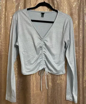 Wild Fable Women’s XL Metallic Silver V Neck Tie Long Sleeve‎ Top Shirt Stretch thumbnail 1