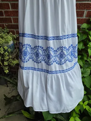 White and Blue Cotton Embroidered Maxi Dress Medium thumbnail 3
