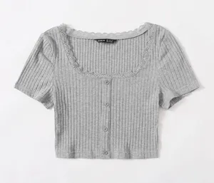 SheIn Lace Trim Button Front Rib Knit Tee thumbnail 2