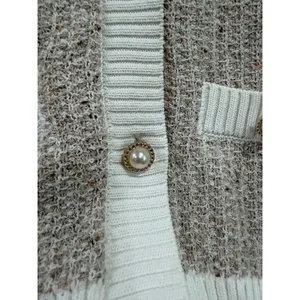 Urban Revivo Prep Short Sleeve Pearl Button Cardigan Sweater Beige White Medium thumbnail 9