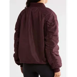 Z by Zella Womens Burgundy Ruched Sleeve Bomber Jacket Size L Full Zip Pocket thumbnail 2