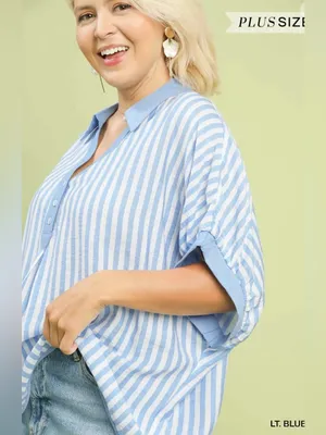 New! Umgee Plus Size Light Blue Striped V-Neck Button Front Top Size 2X thumbnail 4