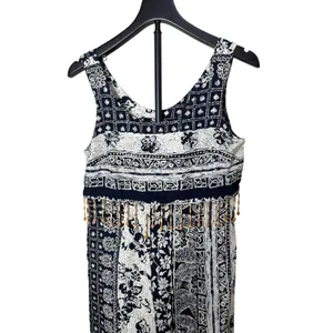 Dawn Joy Fashions Vintage Navy White‎ Batik Beaded Fringe Midi Dress USA Made thumbnail 2