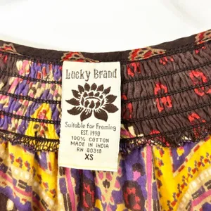 Lucky Brand XS Top VTG Y2K Hippie Paisley Smocked Brown Lotus Grunge Boho‎ 1309 thumbnail 10