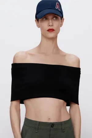 Zara Black Off-Shoulder Crop Top thumbnail 1