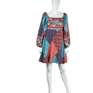 Merci Patchwork Square Neck Long Sleeve Mini Dress Blue Orange‎ M thumbnail 6