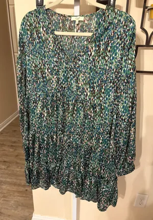 Easel Los Angeles Green Blue Abstract Print Tiered Babydoll Mini Dress Large thumbnail 1