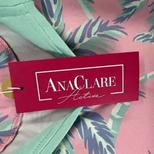 Ana Clare Active Mer Top Pink Paradise Palm Print UPF 50 Golf Polo Shirt‎ Size L thumbnail 9