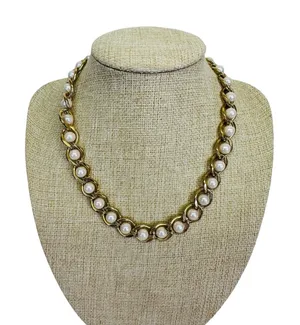 Vintage Gold Tone Chunky Heavy Gold Link w/Faux‎ Pearl 16" Necklace thumbnail 1
