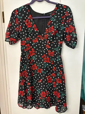 Forever 21 Black Floral Polka Dot Short Mini Dress with Puff Sleeves size small thumbnail 1