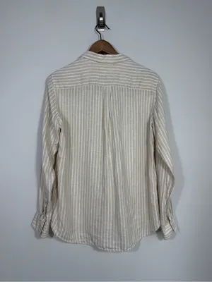 Uniqlo Women’s M Beige White Striped Linen Blend Button Down Shirt thumbnail 2