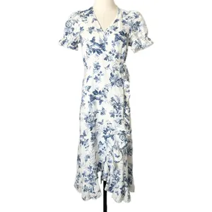 & Other Stories Midi Wrap Dress 100% Linen Blue White Floral Ruffle Puff Size 6 thumbnail 2