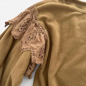 Entro fleece eyelet lace ruffle romantic cozy neutral brown top sz Small boho thumbnail 2