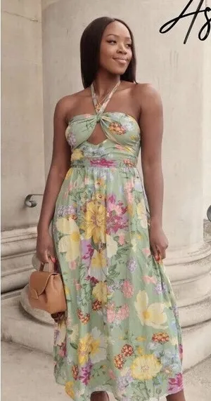 H&M Green Floral Halter Maxi Dress with Yellow & Purple Blooms thumbnail 1