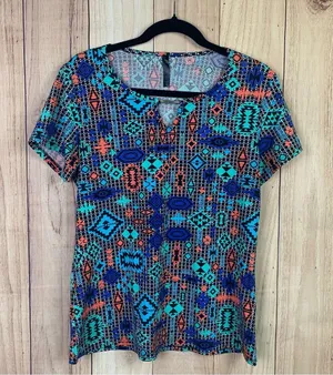 Colorful‎ Geometric Print Women's Top Blue Size L thumbnail 1