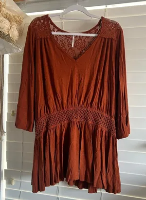Free People Rust Lace Inset baby doll Boho Tunic Top Size M thumbnail 1