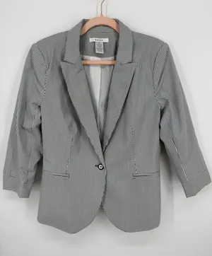 Grace Women Navy Striped Blazer Size 8 Jacket Button Front Pockets Lined Gray thumbnail 1