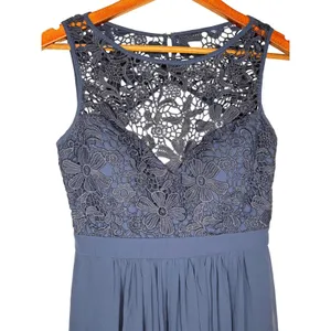 Lulus So Far Gown Navy Crochet Lace Open Back Chiffon Maxi Dress Sleeveless Sz M thumbnail 6