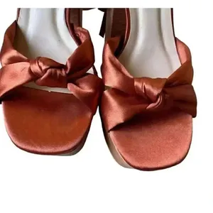 Lulu’s Lucianto Copper Satin Ankle Strap Wooden Platform Sandals SZ 6 thumbnail 3