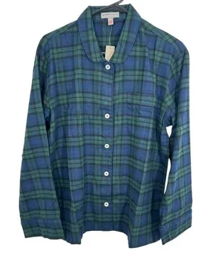 J. Crew Plaid Button Down Pajama Shirt Top Long‎ Sleeve Cotton Blue Green M NWT thumbnail 1