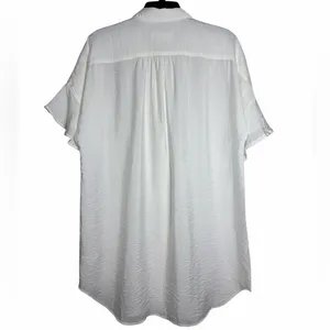 Anthropologie Ruffle Short Sleeve Button Down‎ White Crinkle Textured Tunic M thumbnail 2