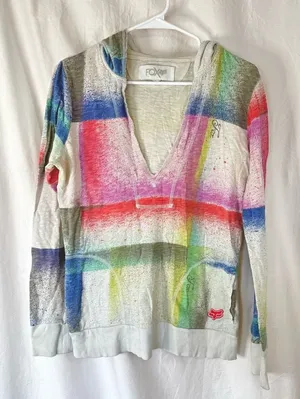 Fox Woman’s Multicolored Spray-Paint Style V-Neck Hoodie Sweater — Size Medium thumbnail 1