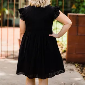 Black Eyelet Babydoll Embroidered Floral Mini Dress Size M Empire Waist Folk thumbnail 3