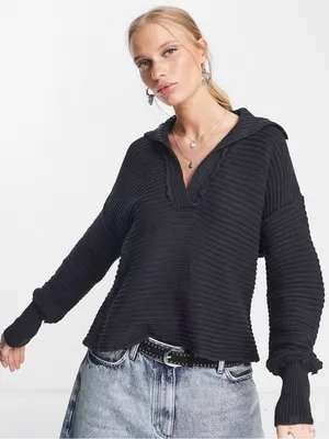 Free People Marlie Deep V Ribbed Sweater Black Size Small thumbnail 1