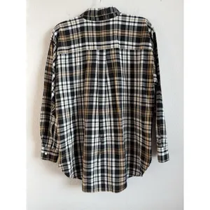 LOFT Womens M Plaid Button Front Shirt Long Sleeve Autumn Fall Cream Brown Black thumbnail 2